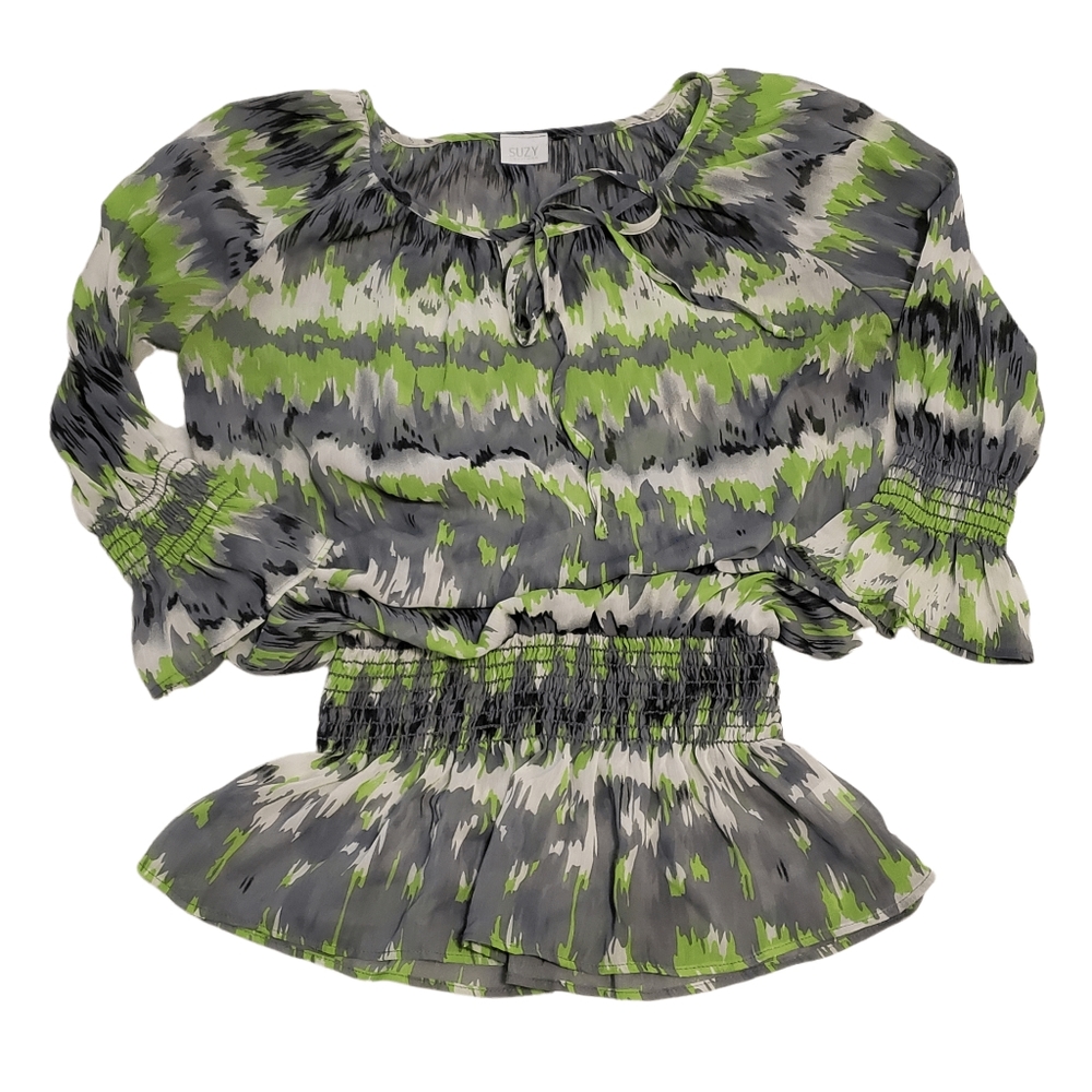 Suzy Shier Sheer Smocked Peplum Top